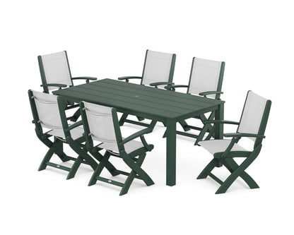 POLYWOOD® Coastal Folding Chair 7-Piece Parsons Dining Set in Green / White Sling