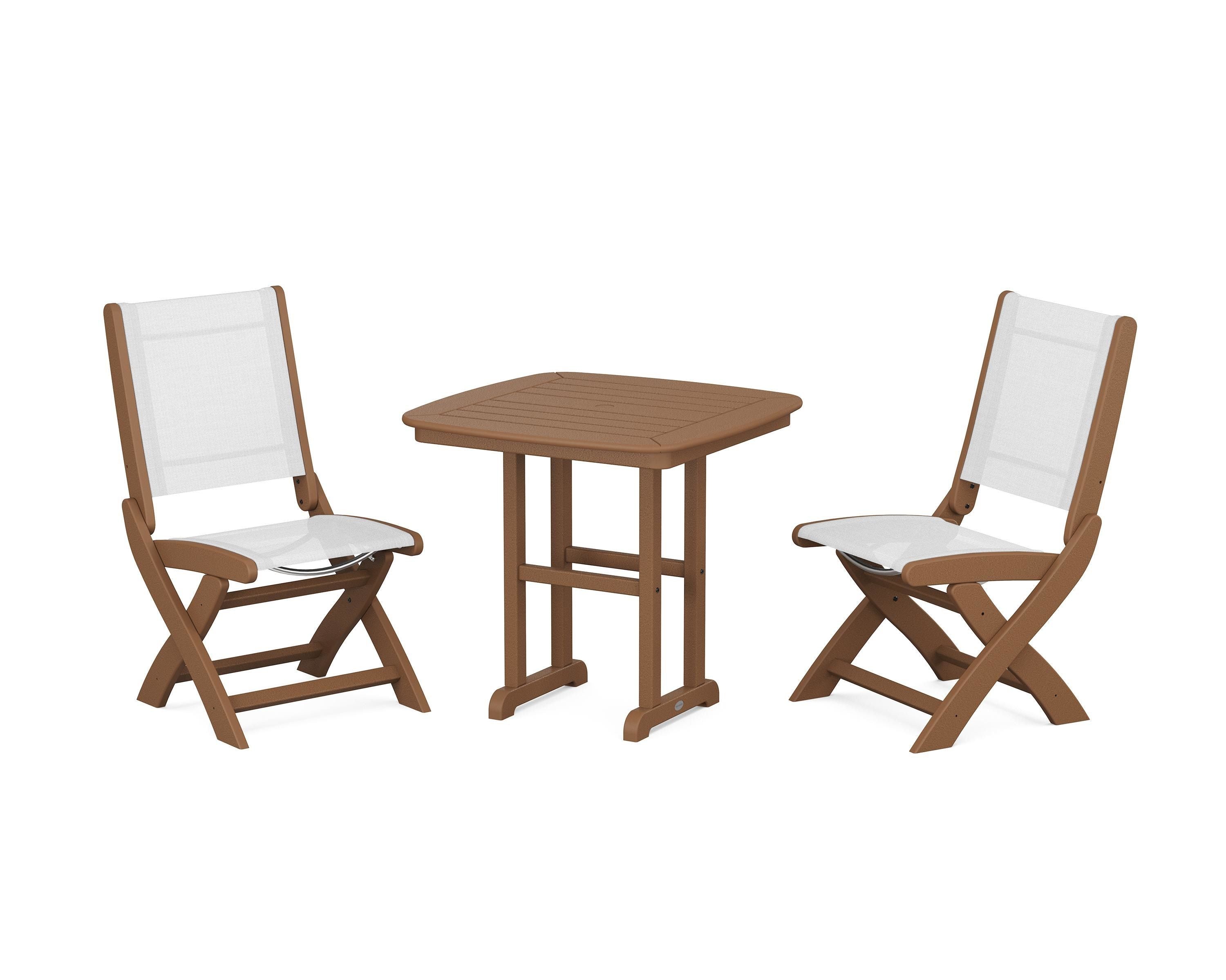 POLYWOOD® Coastal Folding Side Chair 3-Piece Dining Set in Teak / White Sling
