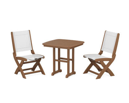POLYWOOD® Coastal Folding Side Chair 3-Piece Dining Set in Teak / White Sling