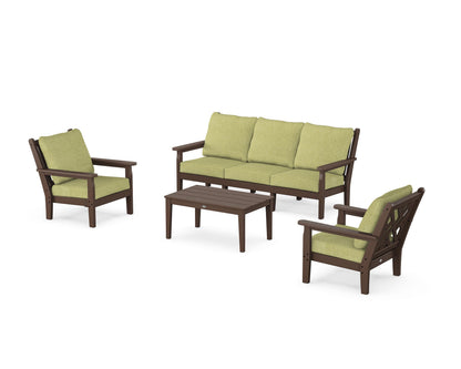 POLYWOOD® Chippendale 4-Piece Deep Seating Set with Sofa in Mahogany / Chartreuse Boucle