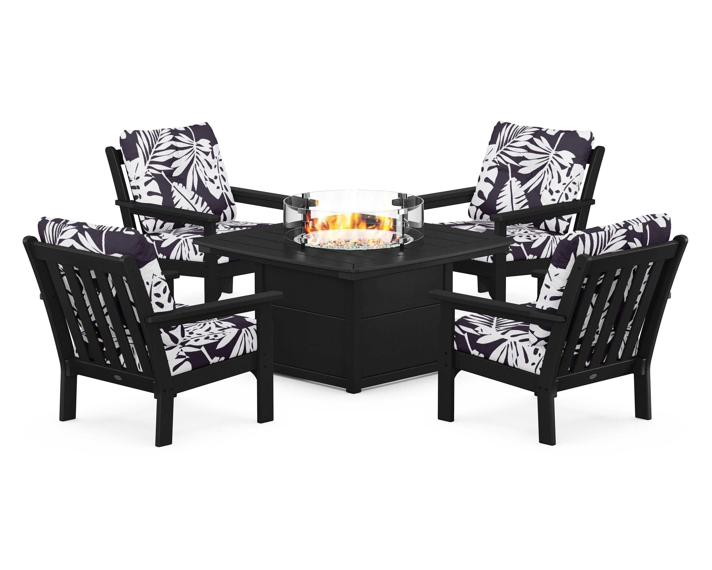 POLYWOOD® Vineyard 5-Piece Conversation Set with Fire Pit Table in Black / Leaf Navy