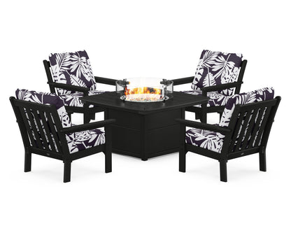 POLYWOOD® Vineyard 5-Piece Conversation Set with Fire Pit Table in Black / Leaf Navy