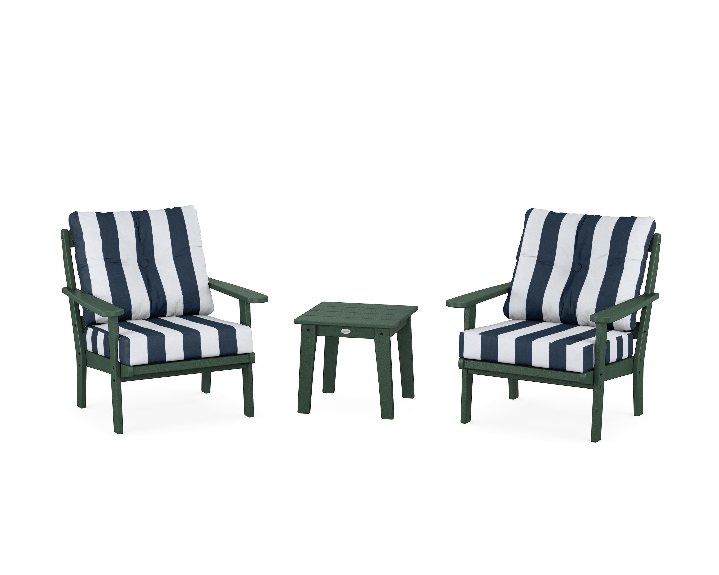 POLYWOOD® Mission 3-Piece Deep Seating Set in Green / Cabana Stripe Marine Indigo