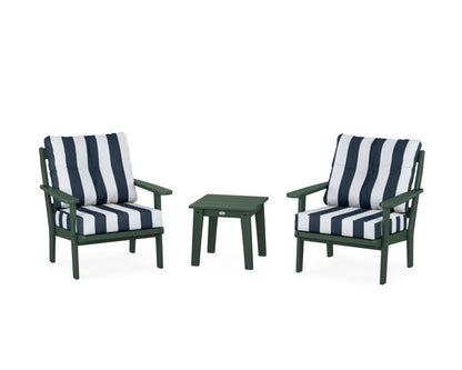 POLYWOOD® Mission 3-Piece Deep Seating Set in Green / Cabana Stripe Marine Indigo