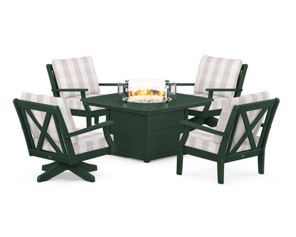 POLYWOOD® Braxton 5-Piece Deep Seating Set with Fire Table in Green / Buffalo Plaid Dune Burlap