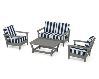 POLYWOOD® Harbour 4-Piece Deep Seating Set in Slate Grey / Cabana Stripe Marine Indigo