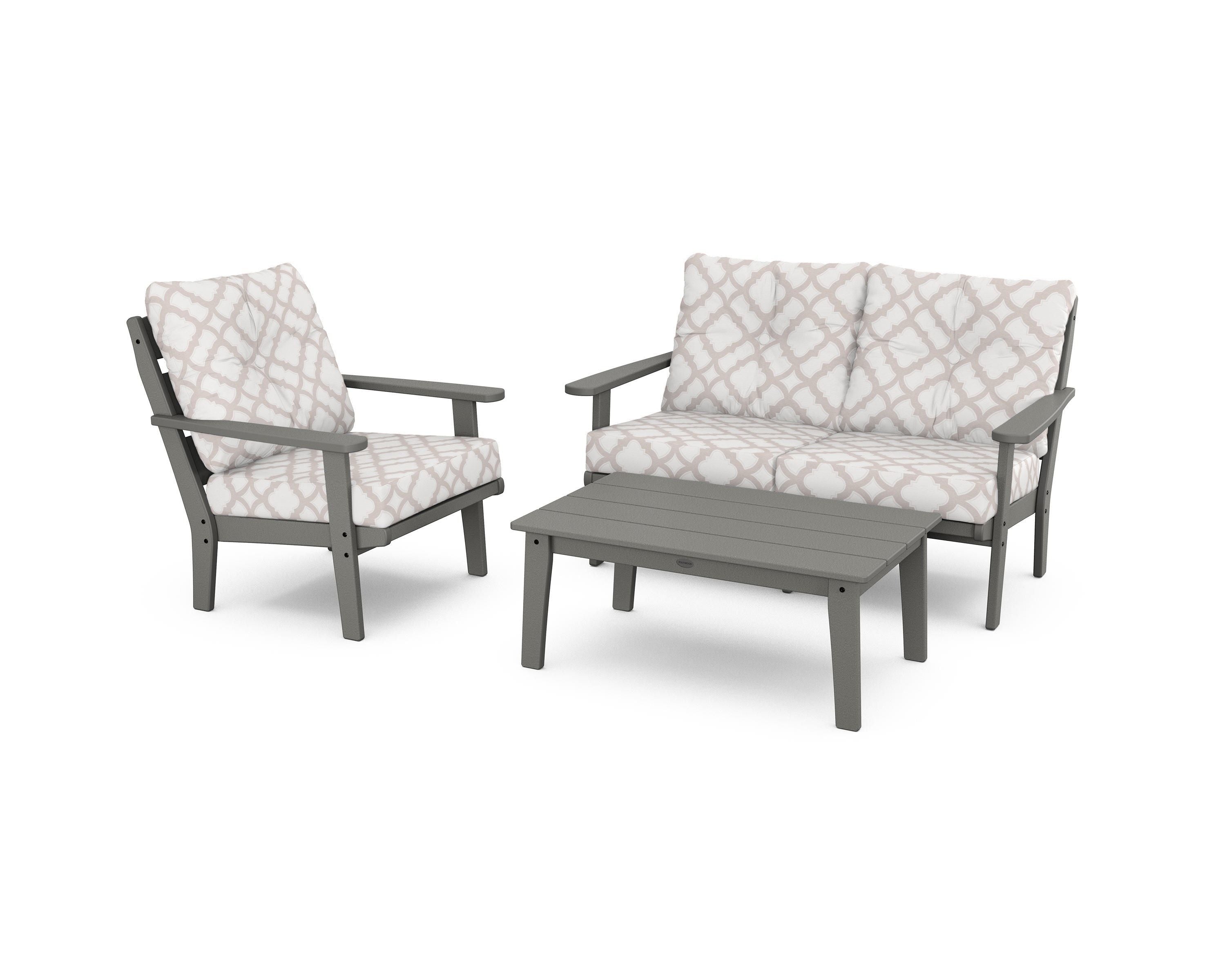 POLYWOOD® Lakeside 3-Piece Deep Seating Set in Slate Grey / Trellis Dune Burlap