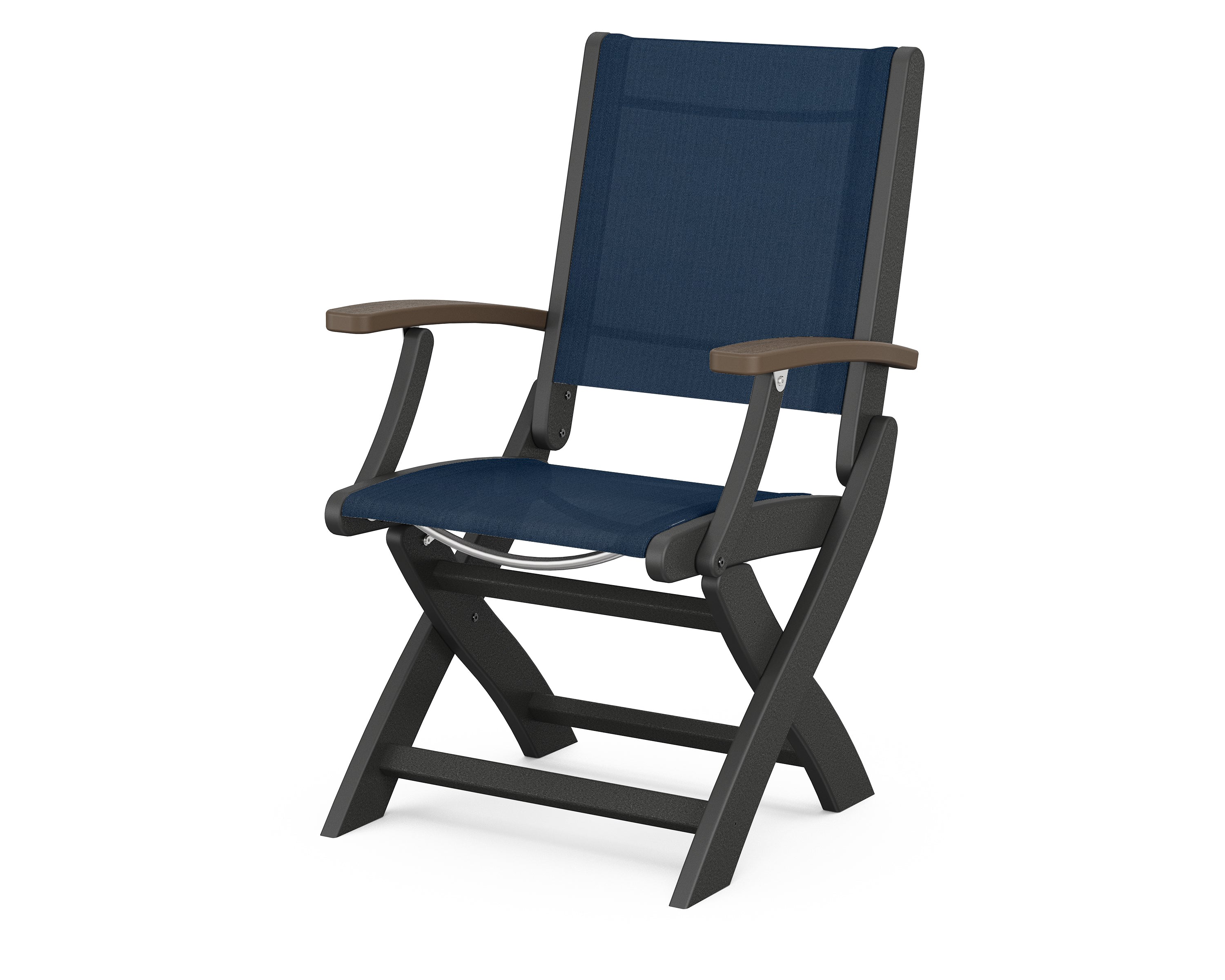 POLYWOOD® Coastal Folding Chair in Black / Kona / Navy Blue Sling