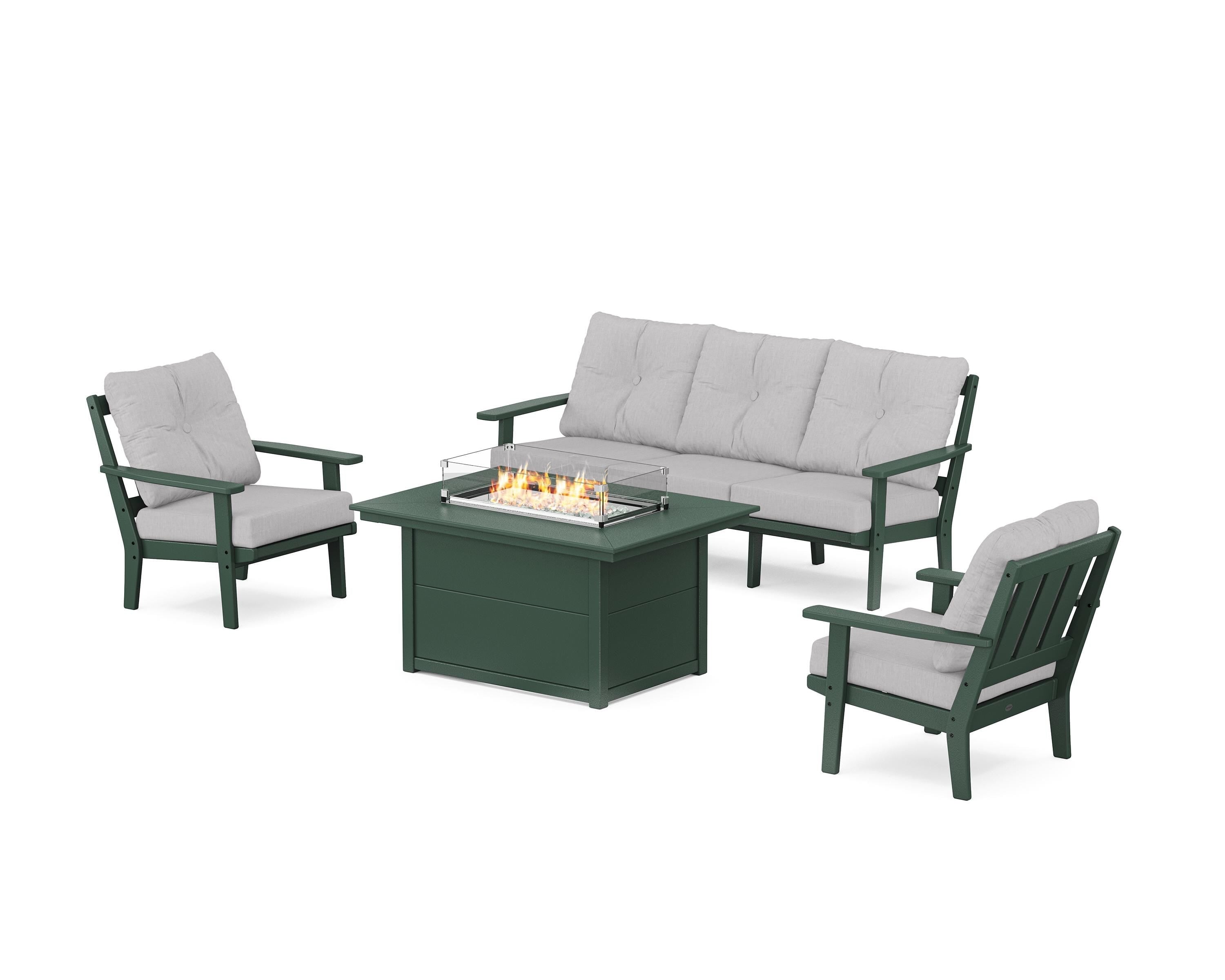 POLYWOOD® Oxford Deep Seating Fire Pit Table Set in Green / Granite