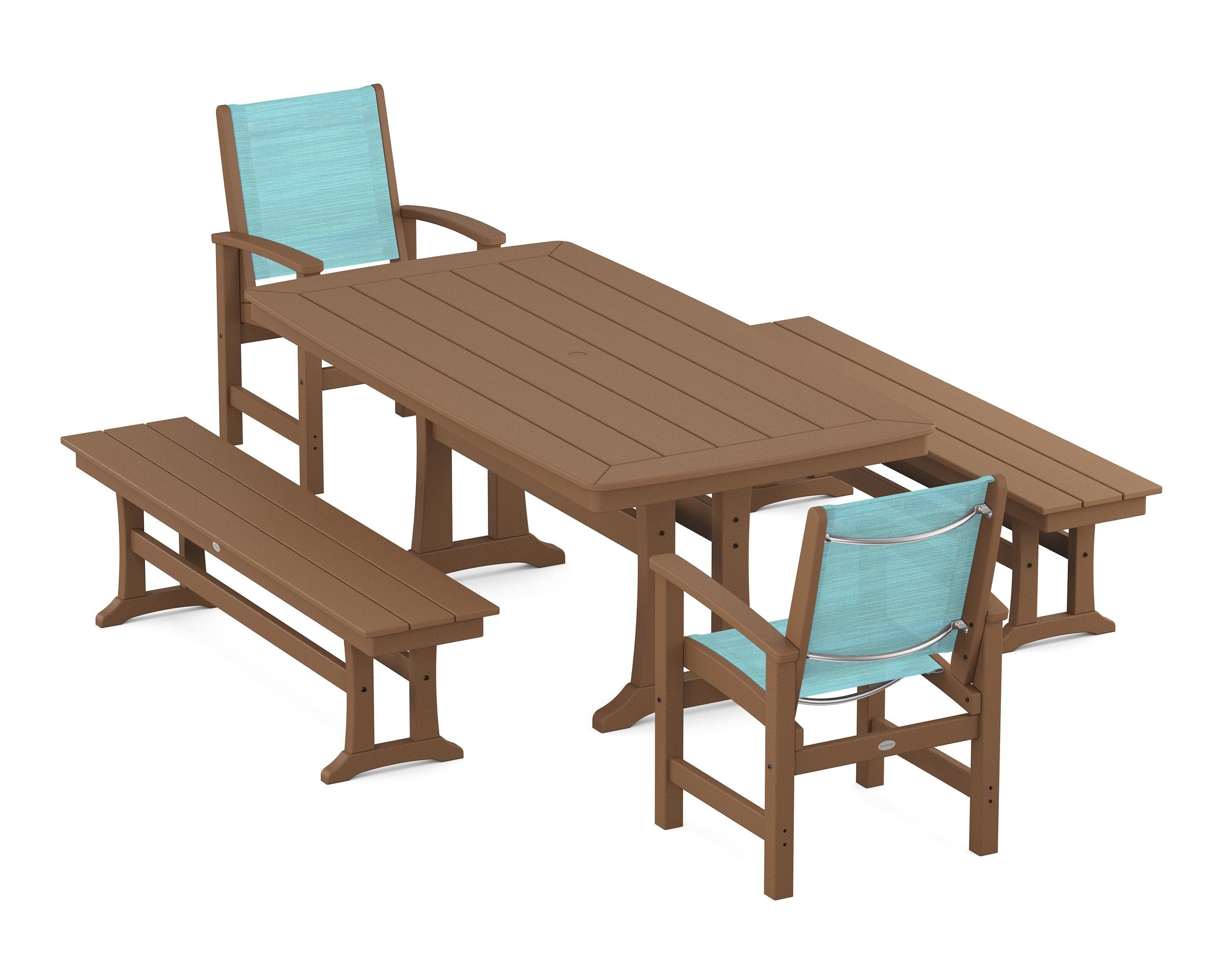POLYWOOD® Coastal 5-Piece Dining Set with Trestle Legs and Benches in Teak / Dupioni Aquamarine Sling