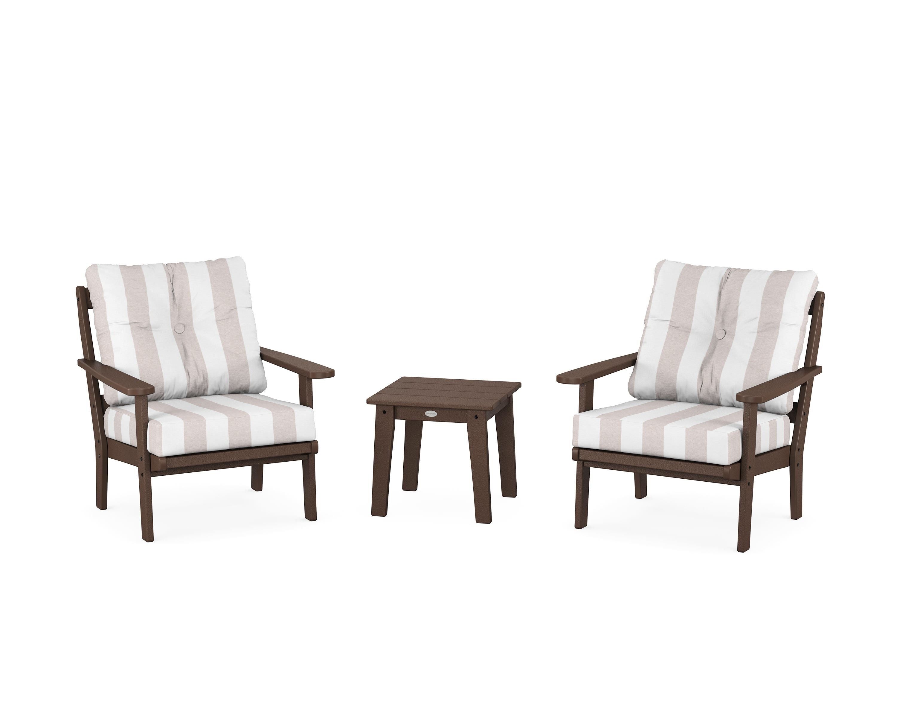 POLYWOOD® Mission 3-Piece Deep Seating Set in Mahogany / Cabana Stripe Dune Burlap