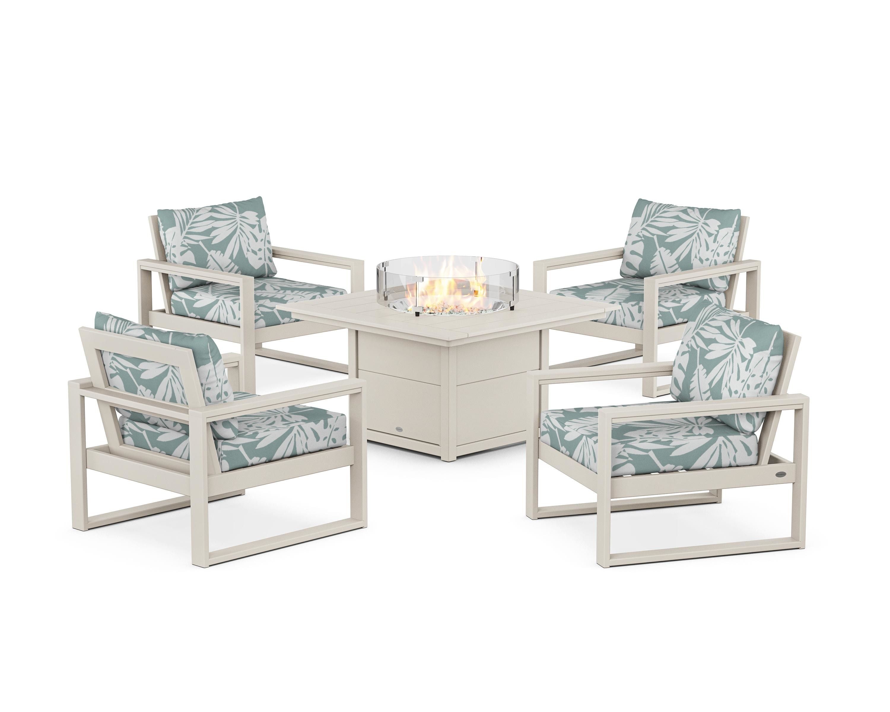 POLYWOOD® EDGE Sectional 5-Piece Deep Seating Set with Fire Pit Table in Sand / Leaf Glacier Spa