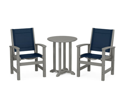POLYWOOD® Coastal 3-Piece Round Bistro Dining Set in Slate Grey / Navy Blue Sling