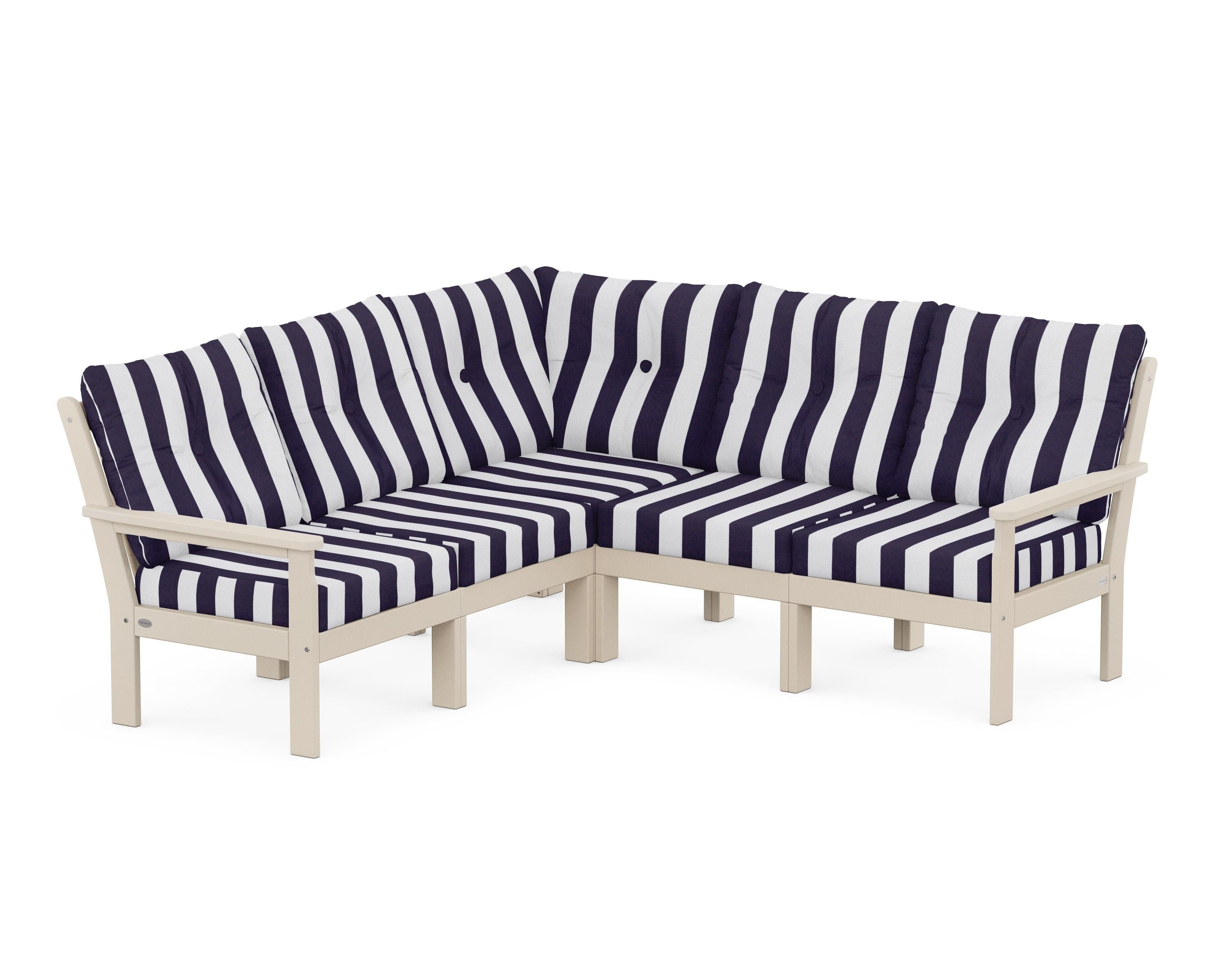 POLYWOOD® Vineyard 5-Piece Sectional in Sand / Cabana Stripe Navy
