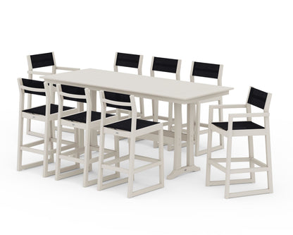 POLYWOOD® EDGE Sling 9-Piece Farmhouse Bar Set with Trestle Legs in Sand / Black Sling