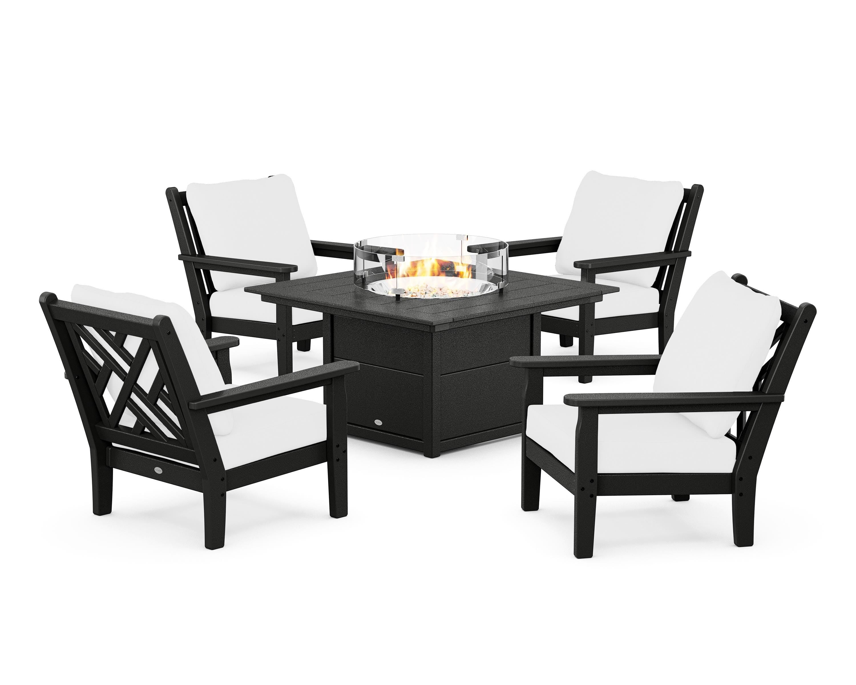 POLYWOOD® Chippendale 5-Piece Deep Seating Set with Fire Pit Table in Black / Natural