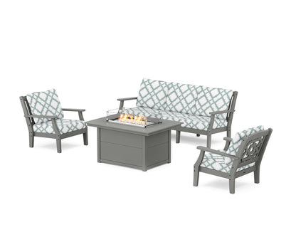 Martha Stewart by POLYWOOD® Chinoiserie Deep Seating Fire Pit Table Set in Slate Grey / Trellis Glacier Spa