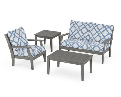 POLYWOOD® Braxton 4-Piece Deep Seating Set in Slate Grey / Trellis Sky Blue