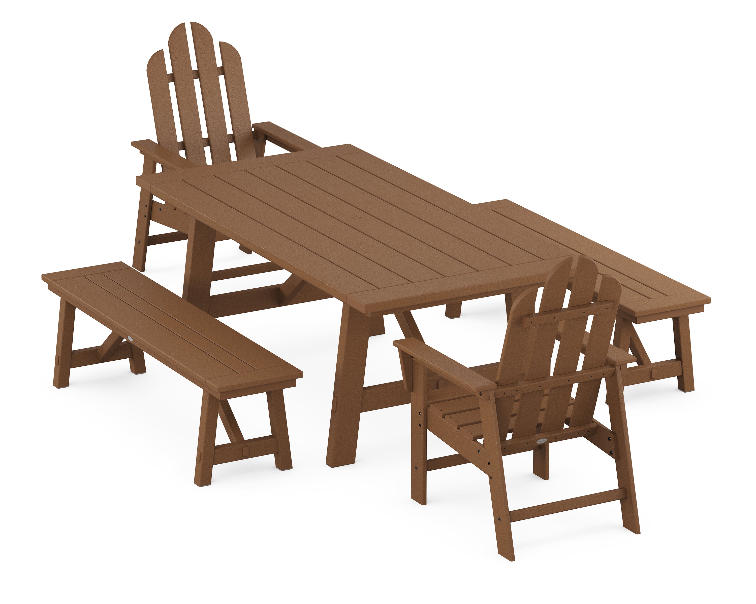 POLYWOOD® Long Island 5-Piece Rustic Farmhouse Dining Set With Benches in Teak