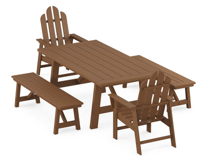 POLYWOOD® Long Island 5-Piece Rustic Farmhouse Dining Set With Benches in Teak
