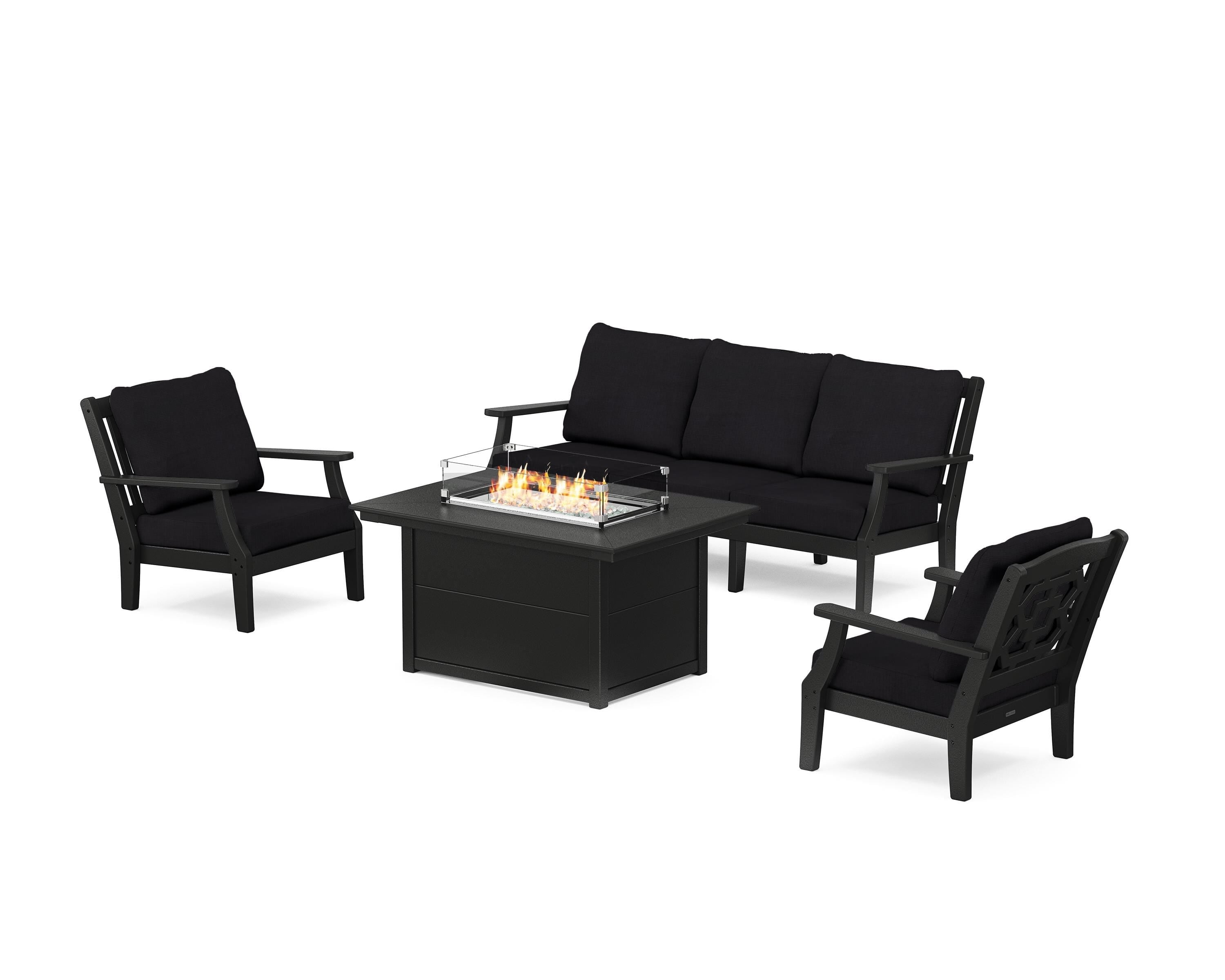 Martha Stewart by POLYWOOD® Chinoiserie Deep Seating Fire Pit Table Set in Black / Midnight Linen