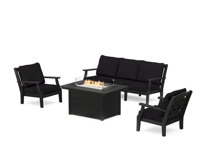 Martha Stewart by POLYWOOD® Chinoiserie Deep Seating Fire Pit Table Set in Black / Midnight Linen