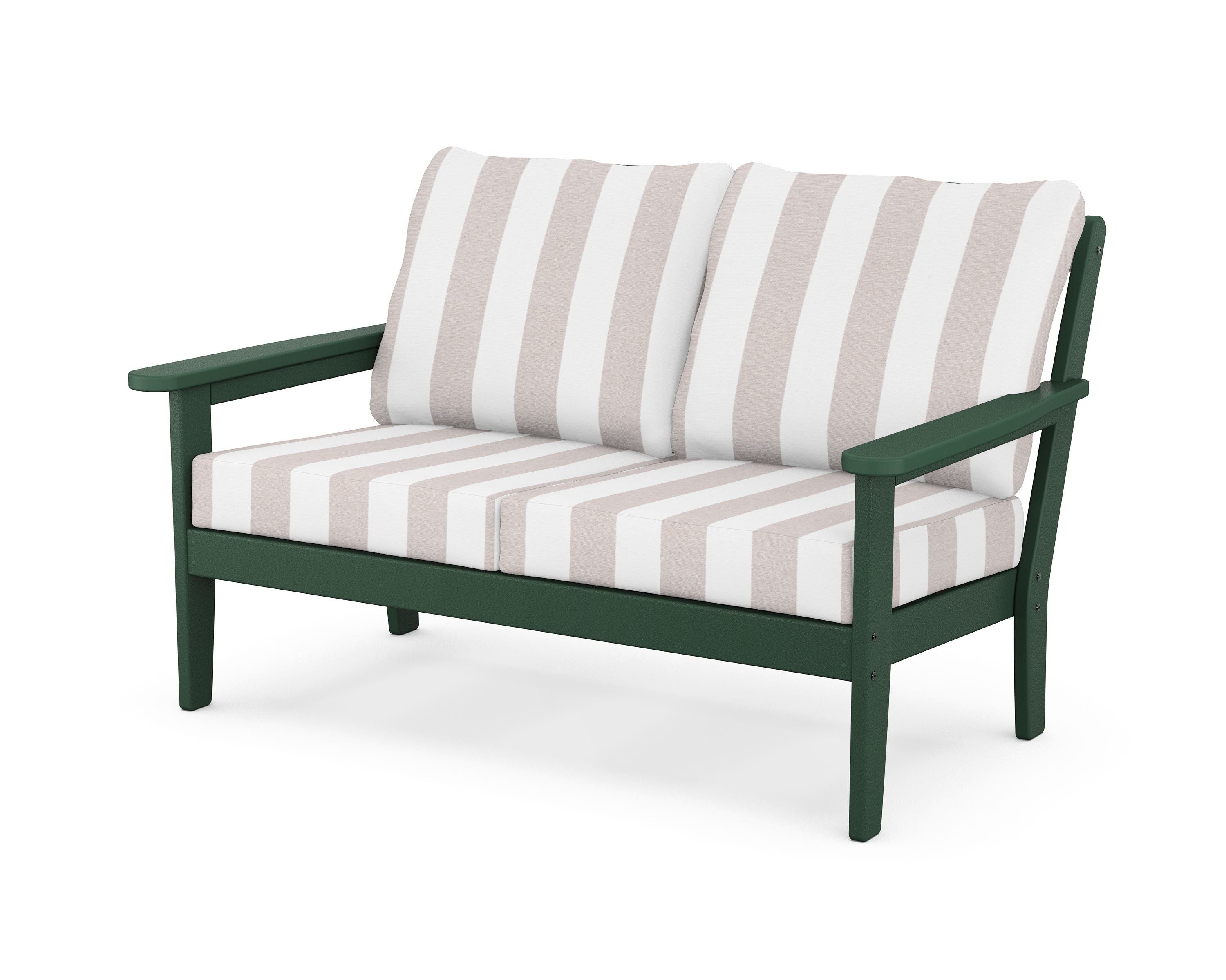 Country Living Cottage Deep Seating Loveseat in Green / Cabana Stripe Dune Burlap