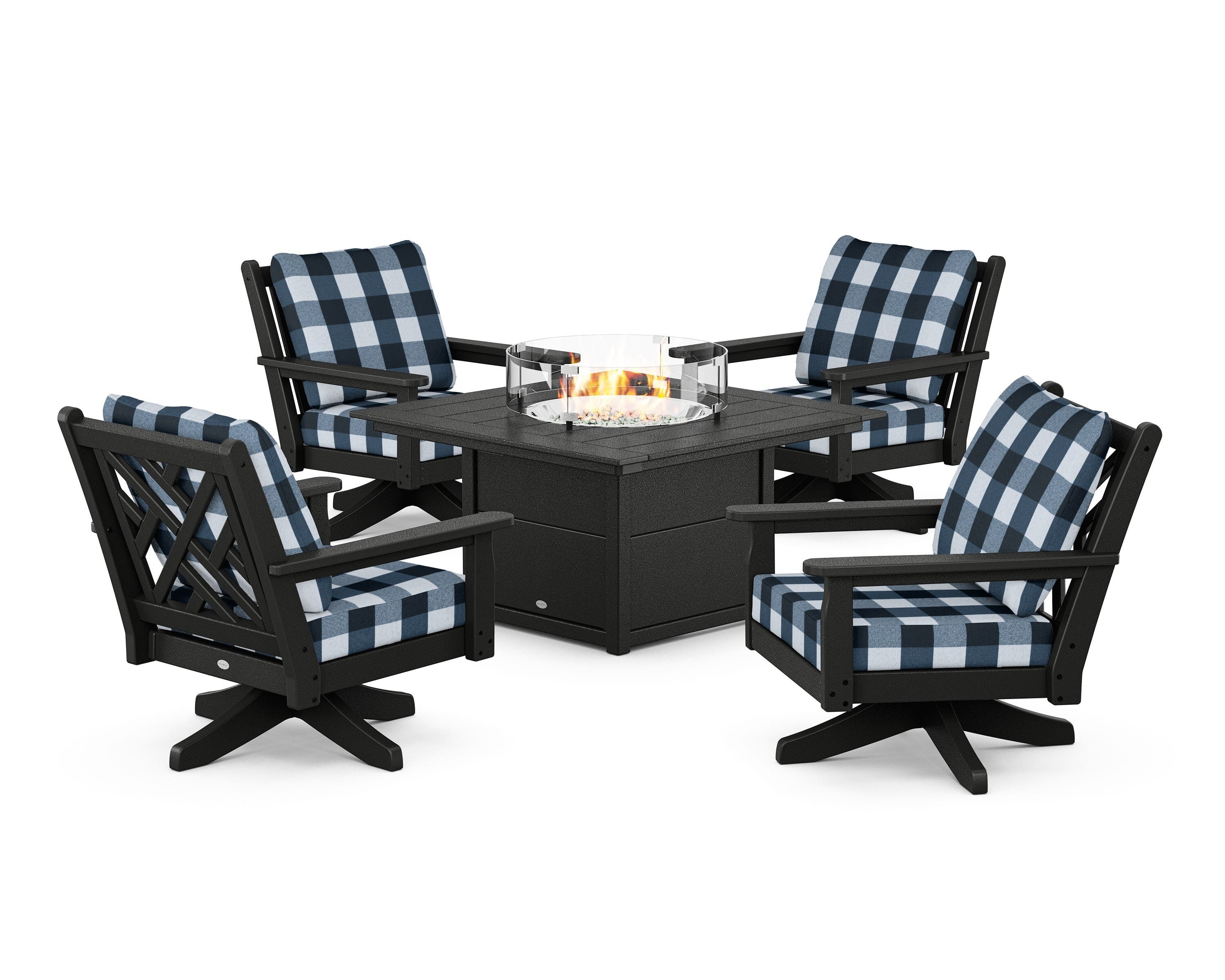 POLYWOOD® Chippendale 5-Piece Deep Seating Swivel Conversation Set with Fire Pit Table in Black / Buffalo Plaid Marine Indigo