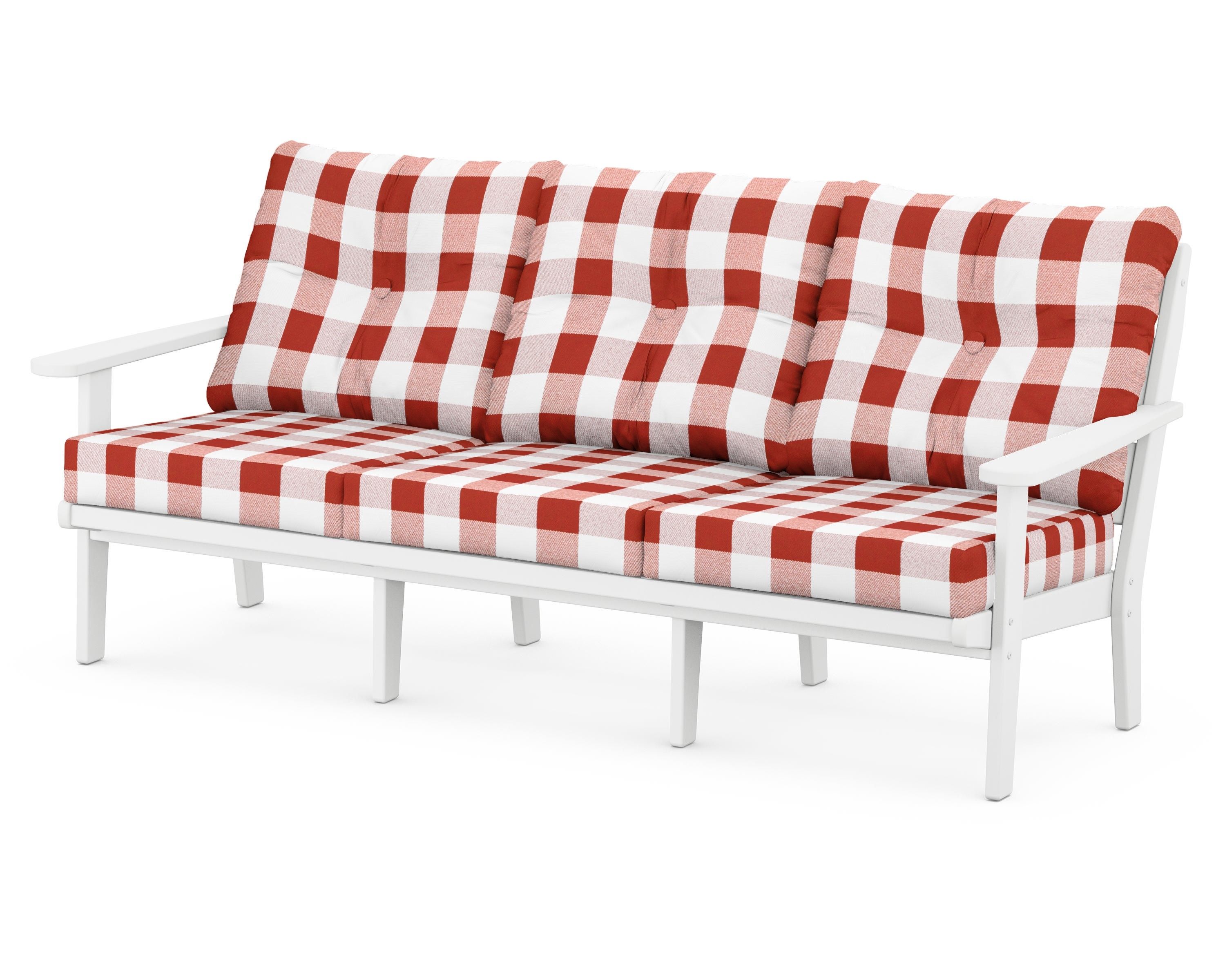 POLYWOOD® Lakeside Deep Seating Sofa in White / Buffalo Plaid Crimson