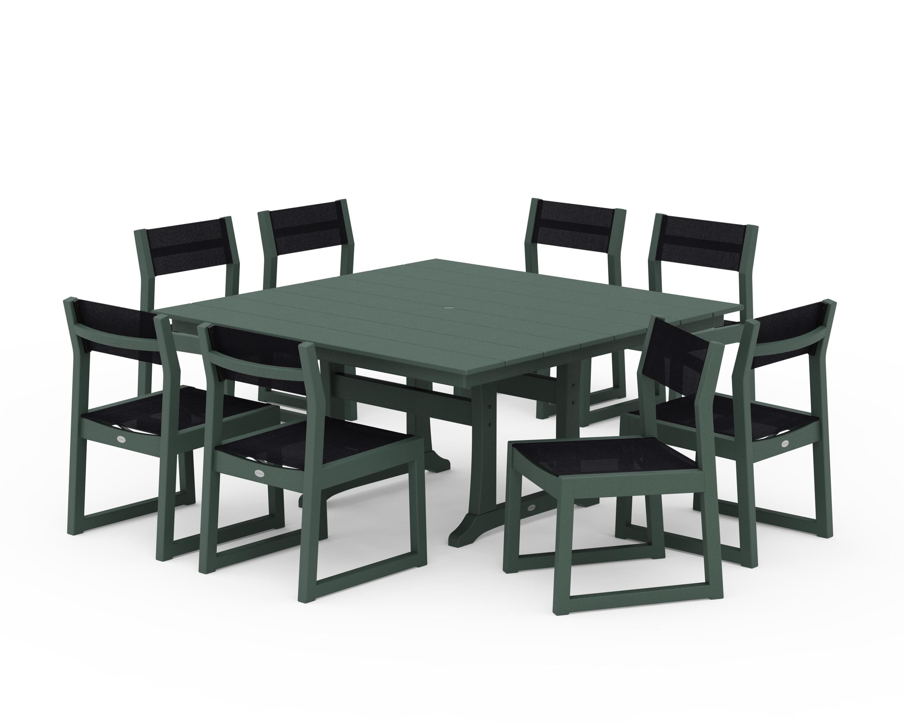 POLYWOOD® EDGE Sling Side Chair 9-Piece Farmhouse Trestle Dining Set in Green / Black Sling