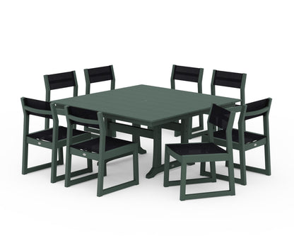 POLYWOOD® EDGE Sling Side Chair 9-Piece Farmhouse Trestle Dining Set in Green / Black Sling