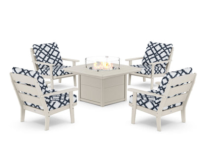 POLYWOOD® Lakeside 5-Piece Deep Seating Set with Nautical Fire Pit Table in Sand / Trellis Marine Indigo