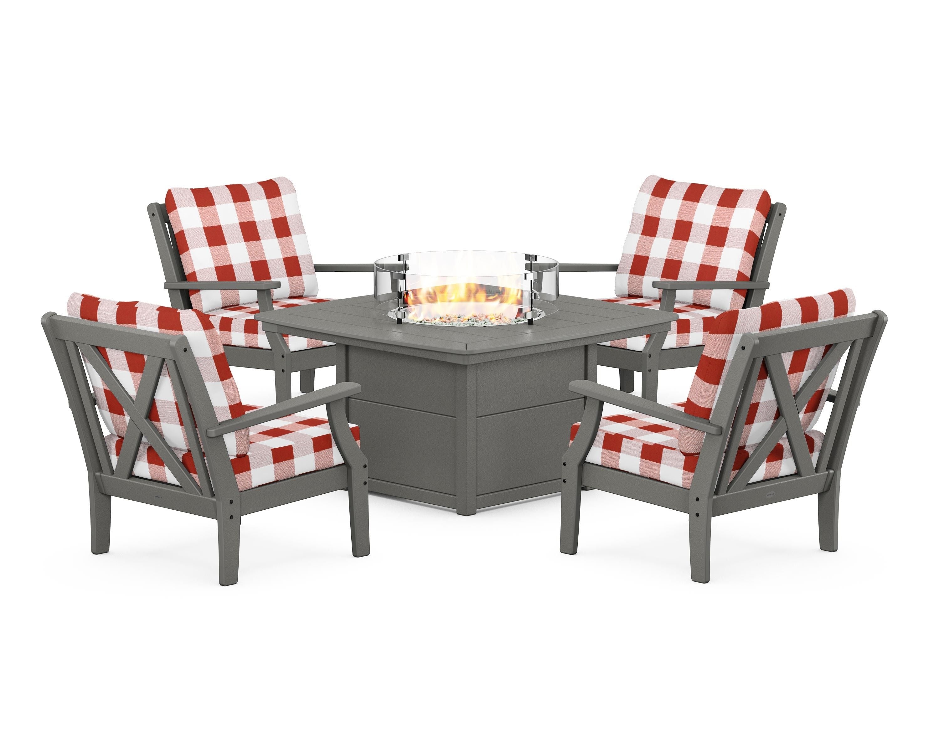 POLYWOOD® Braxton 5-Piece Deep Seating Conversation Set with Fire Pit Table in Slate Grey / Buffalo Plaid Crimson