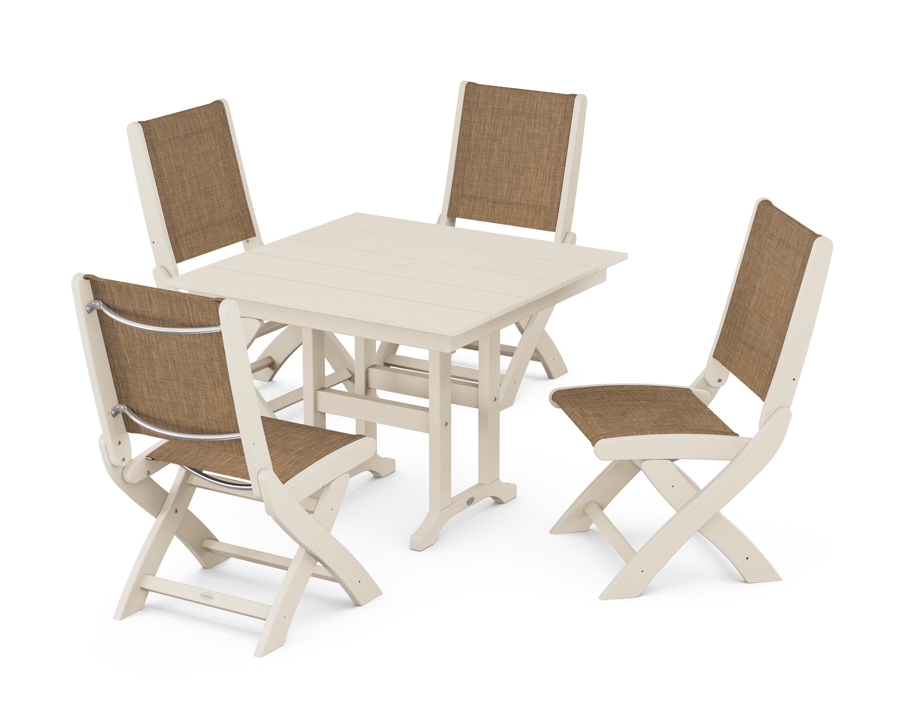 POLYWOOD® Coastal Folding Side Chair 5-Piece Farmhouse Dining Set in Sand / Burlap Sling