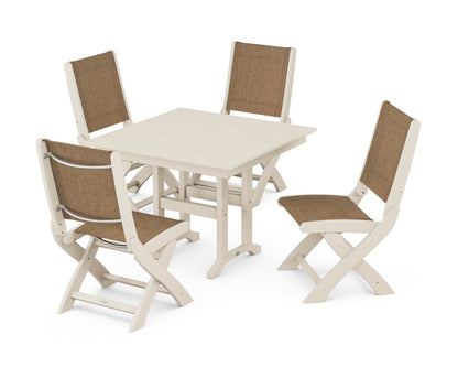 POLYWOOD® Coastal Folding Side Chair 5-Piece Farmhouse Dining Set in Sand / Burlap Sling