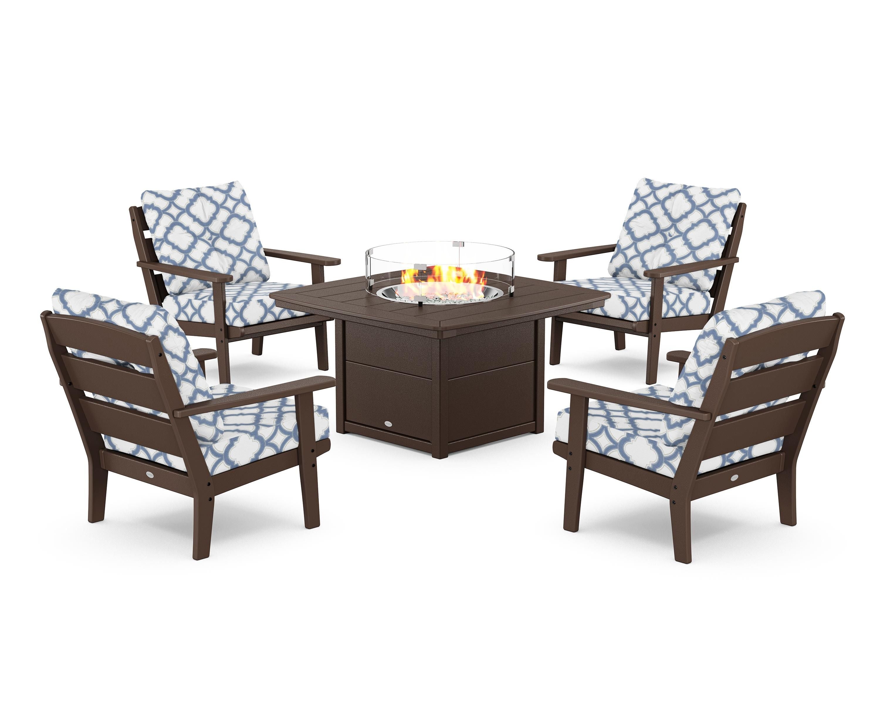 POLYWOOD® Lakeside 5-Piece Deep Seating Set with Nautical Fire Pit Table in Mahogany / Trellis Sky Blue