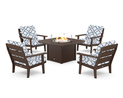 POLYWOOD® Lakeside 5-Piece Deep Seating Set with Nautical Fire Pit Table in Mahogany / Trellis Sky Blue