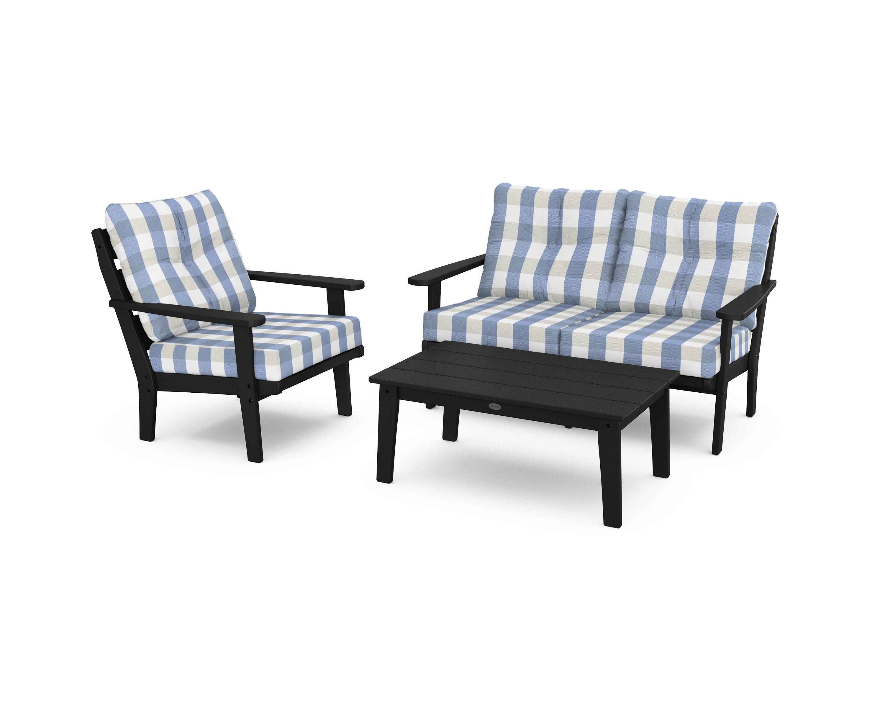 POLYWOOD® Lakeside 3-Piece Deep Seating Set in Black / Buffalo Plaid Sky Blue