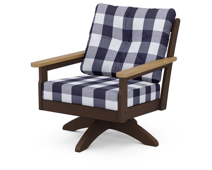 POLYWOOD® Vineyard Deep Seating Swivel Chair in Mahogany / Natural / Buffalo Plaid Navy