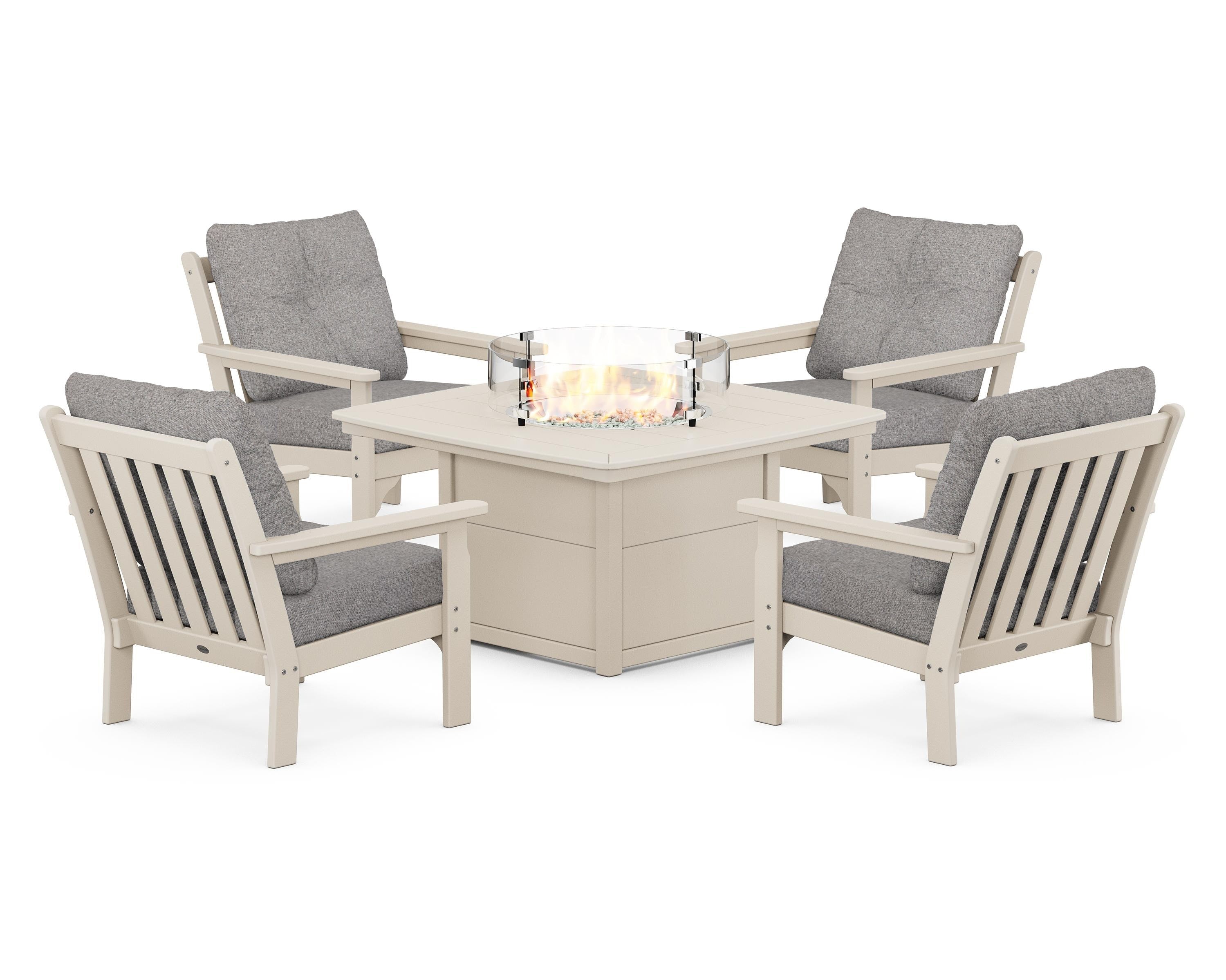 POLYWOOD® Vineyard 5-Piece Conversation Set with Fire Pit Table in Sand / Grey Mist