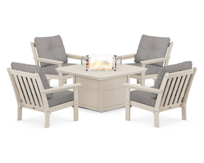 POLYWOOD® Vineyard 5-Piece Conversation Set with Fire Pit Table in Sand / Grey Mist