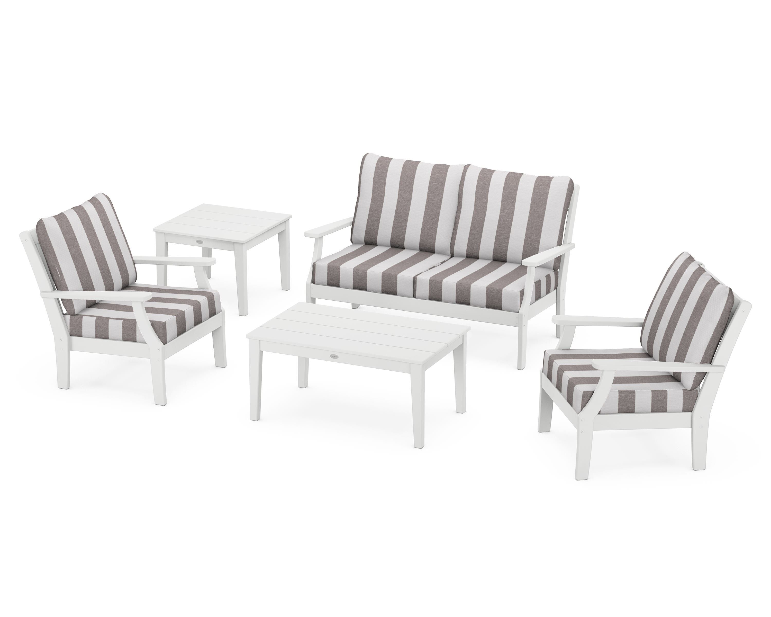 POLYWOOD® Braxton 5-Piece Deep Seating Set in White / Cabana Stripe Grey Mist