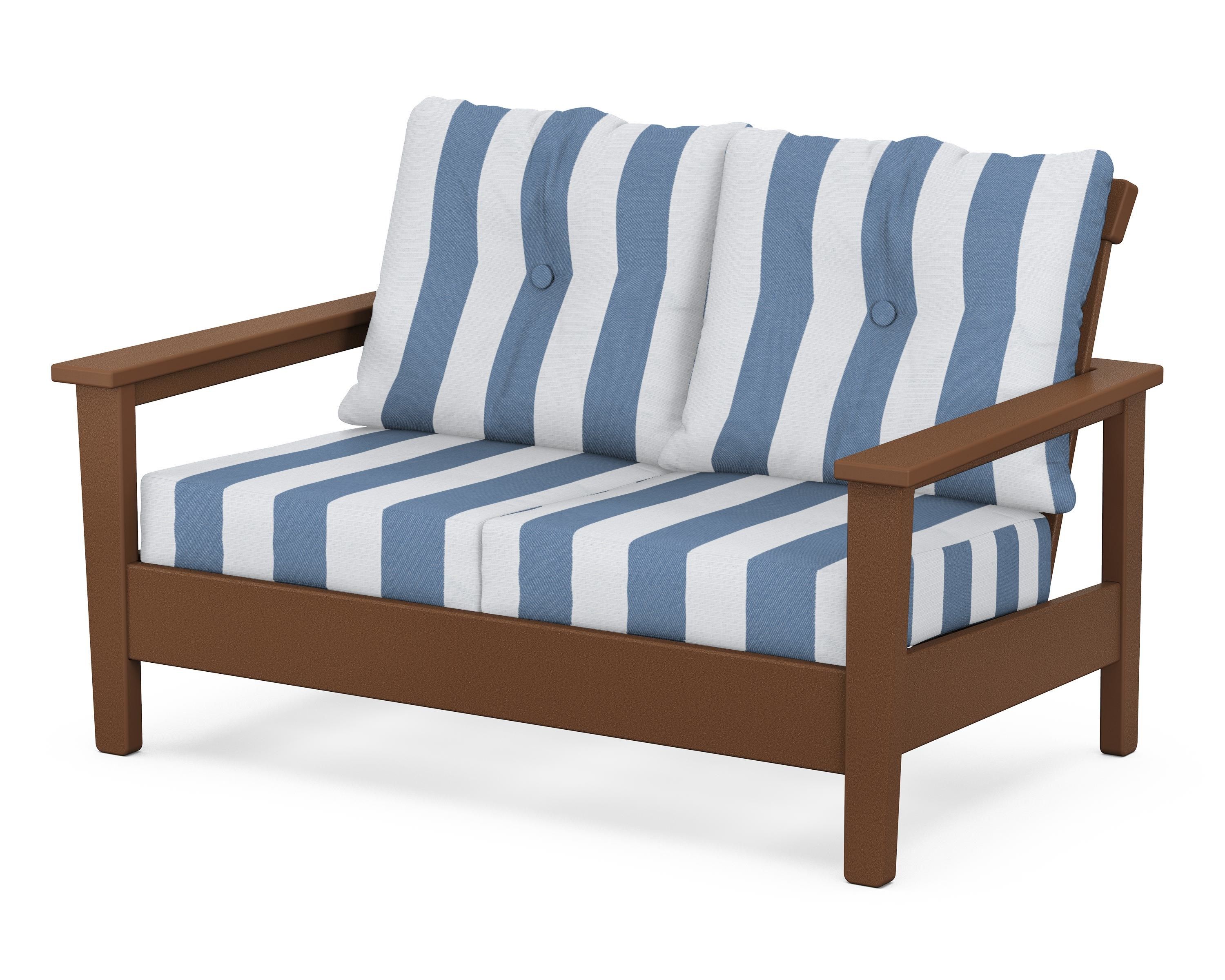 POLYWOOD® Prescott Deep Seating Loveseat in Teak / Cabana Stripe Sky Blue