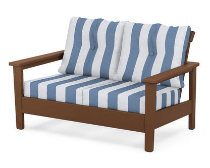 POLYWOOD® Prescott Deep Seating Loveseat in Teak / Cabana Stripe Sky Blue