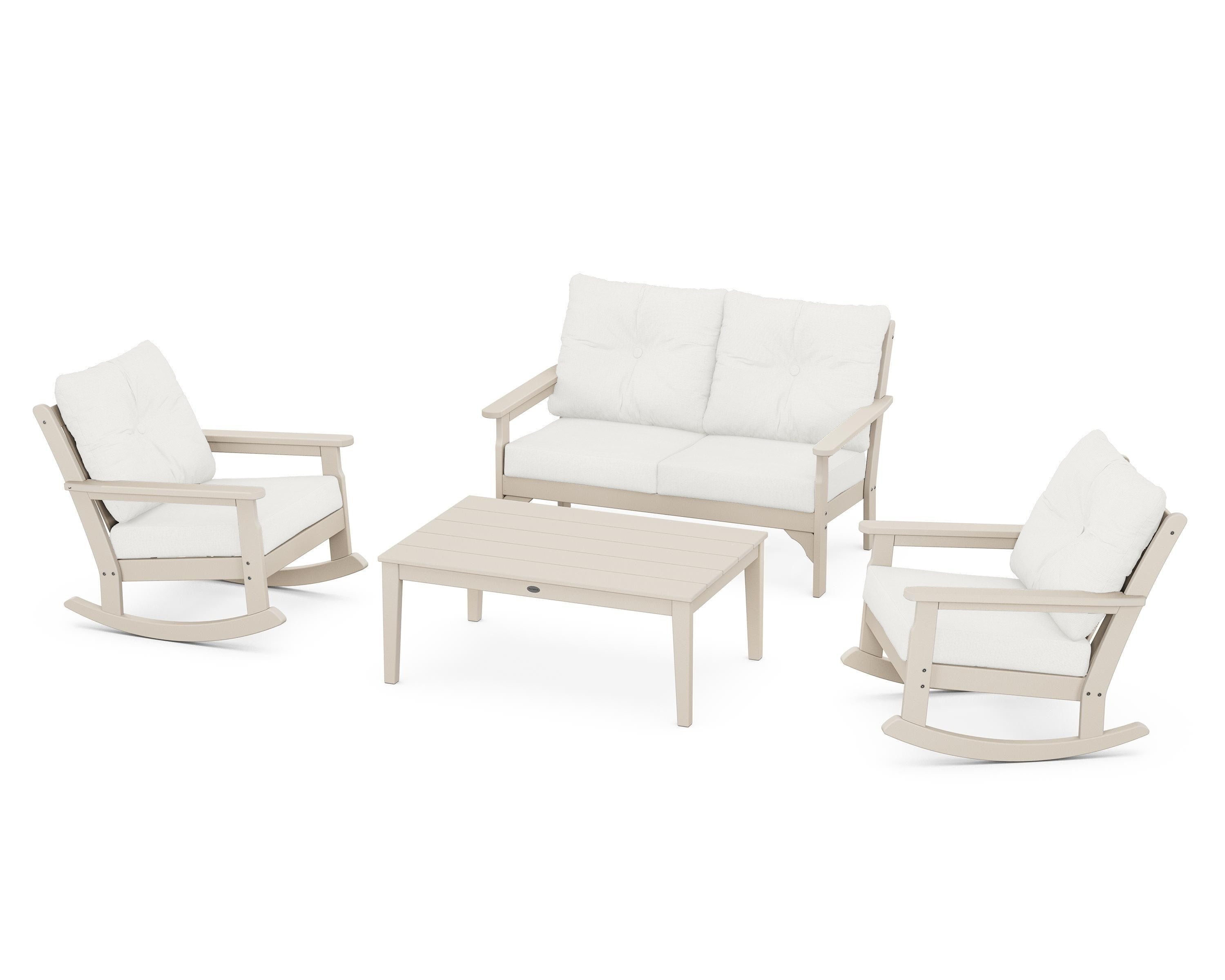 POLYWOOD® Vineyard 4-Piece Deep Seating Rocking Chair Set in Sand / Natural Linen