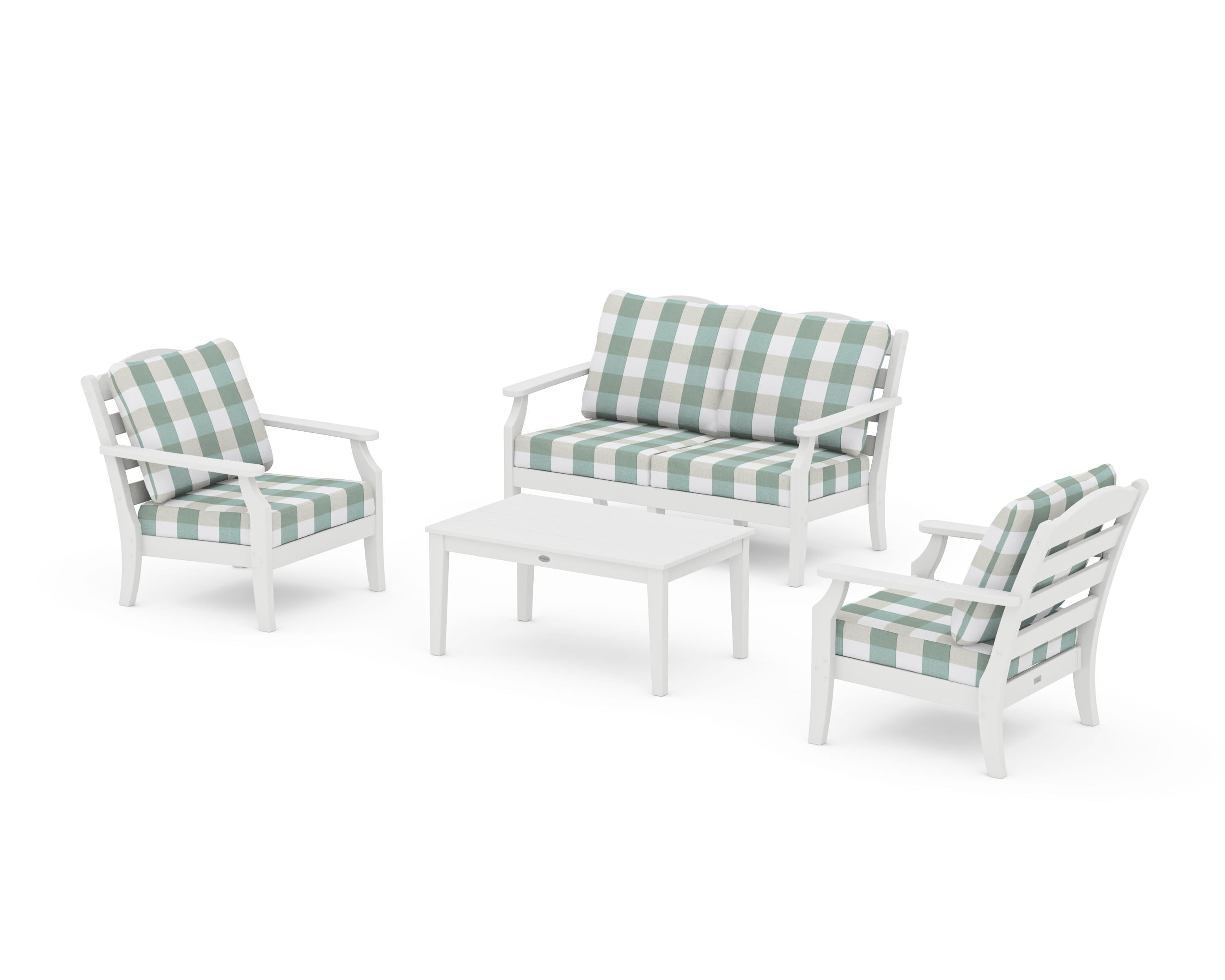 Draper James™ by  POLYWOOD® Savannah 4-Piece Deep Seating Set with Loveseat in White / Buffalo Plaid Glacier Spa