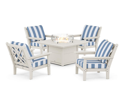 POLYWOOD® Chippendale 5-Piece Deep Seating Set with Fire Pit Table in Sand / Cabana Stripe Sky Blue