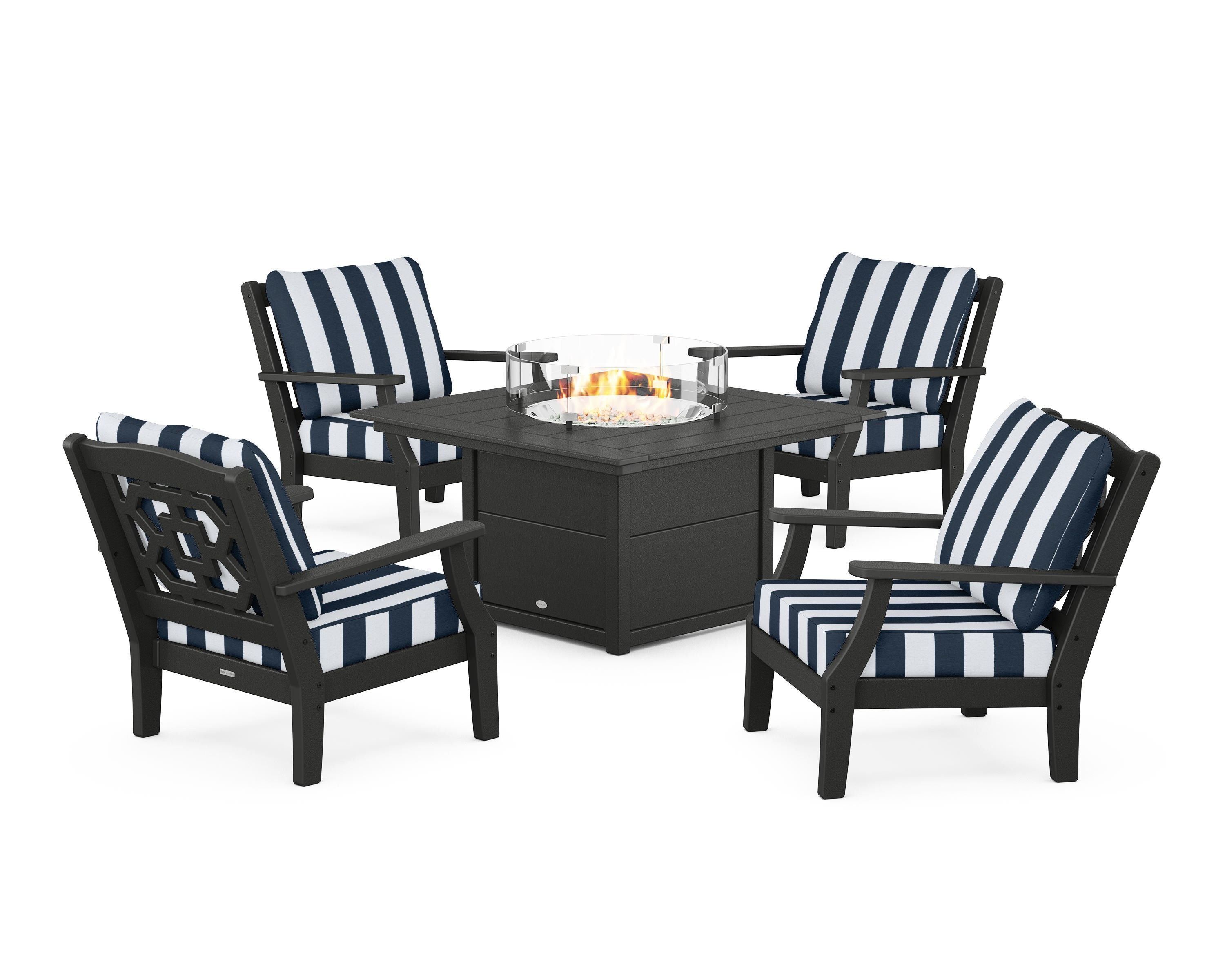 Martha Stewart by POLYWOOD® Chinoiserie 5-Piece Deep Seating Set with Fire Pit Table in Black / Cabana Stripe Marine Indigo