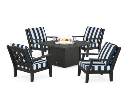 Martha Stewart by POLYWOOD® Chinoiserie 5-Piece Deep Seating Set with Fire Pit Table in Black / Cabana Stripe Marine Indigo
