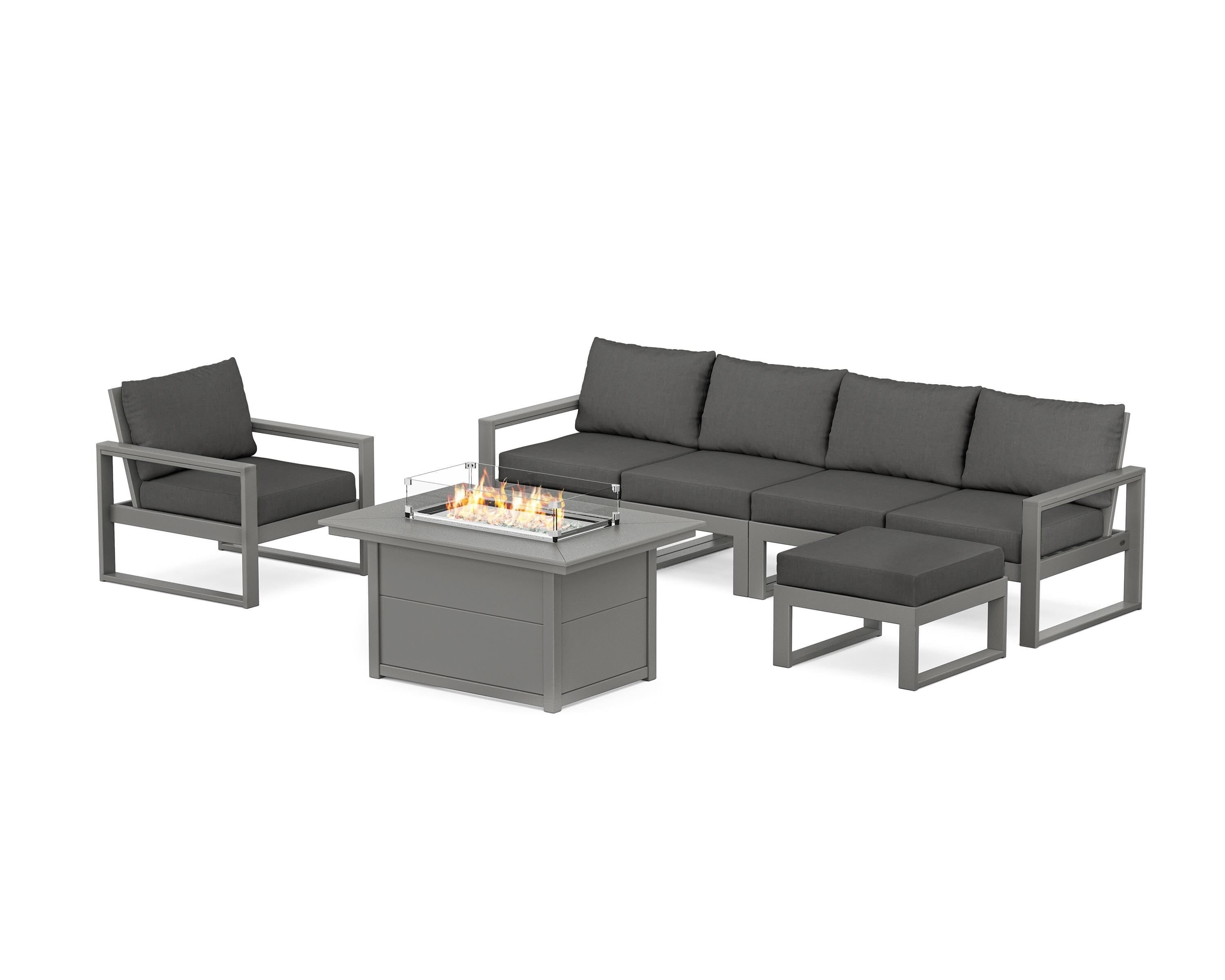 POLYWOOD® EDGE Sectional Lounge and Fire Pit Set in Slate Grey / Spectrum Carbon